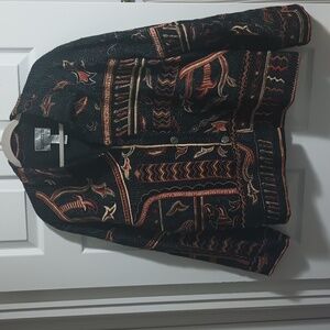 CHICOS XL LADIES BUTTON UP EMBROIDERED JACKET FULLY LINED PATTERNED COLORFUL